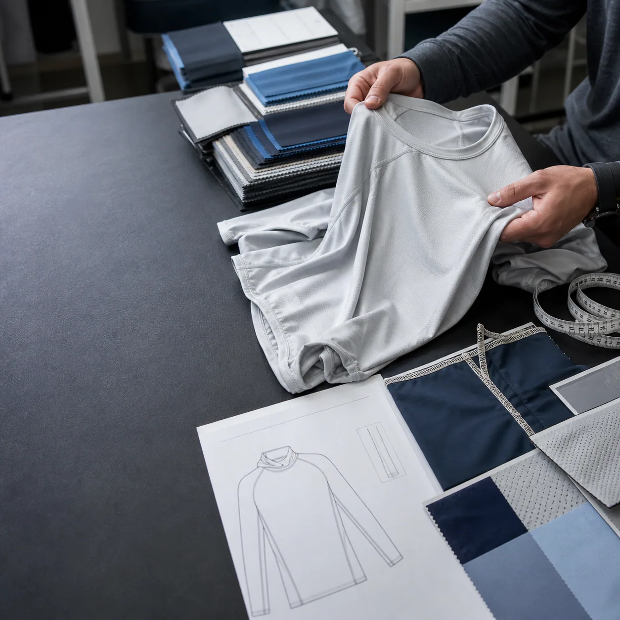 Garment developer reviewing an unbranded fishing shirt sample with fabric swatches and technical drawing