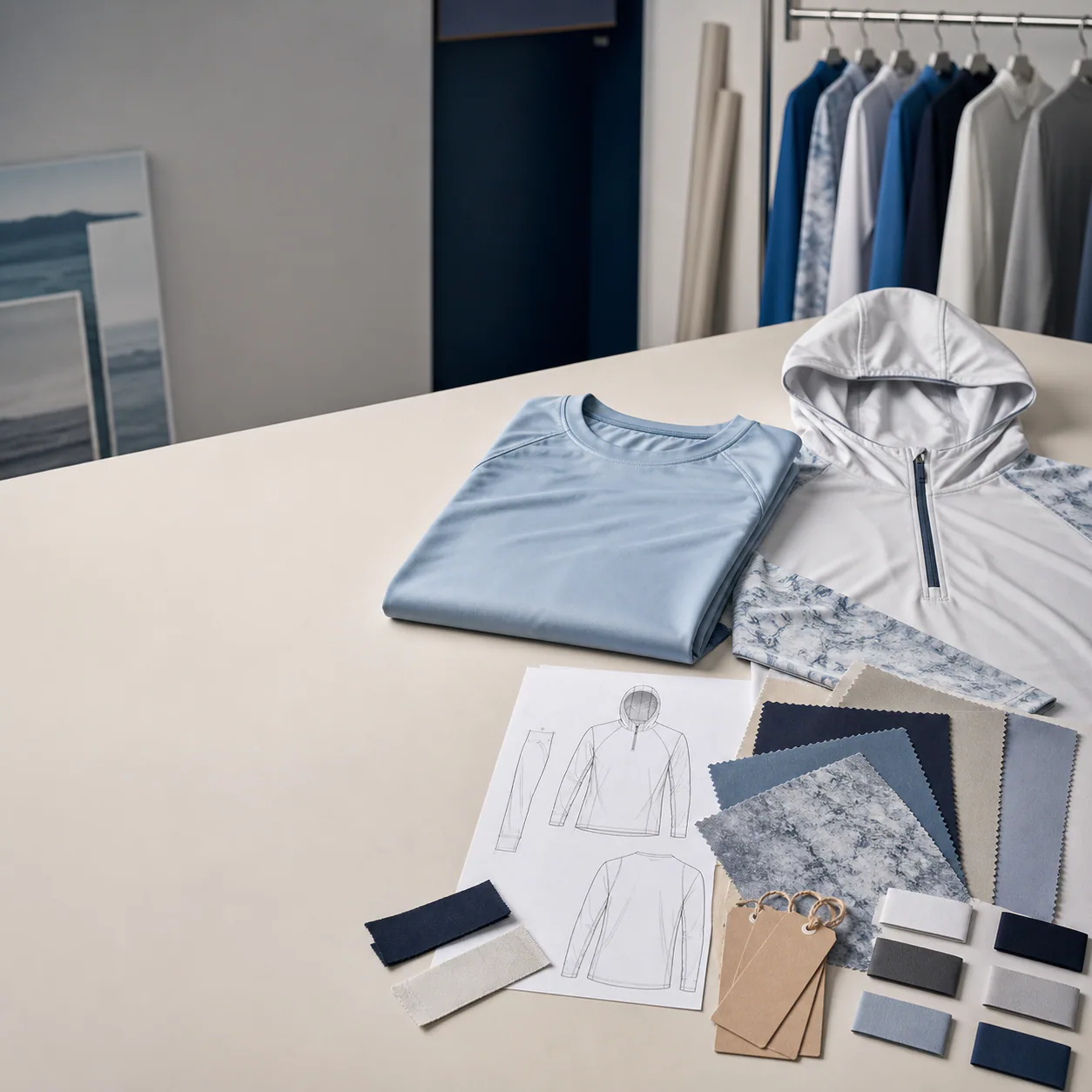 Unbranded fishing apparel development table with garments, fabric swatches, patterns, and labels