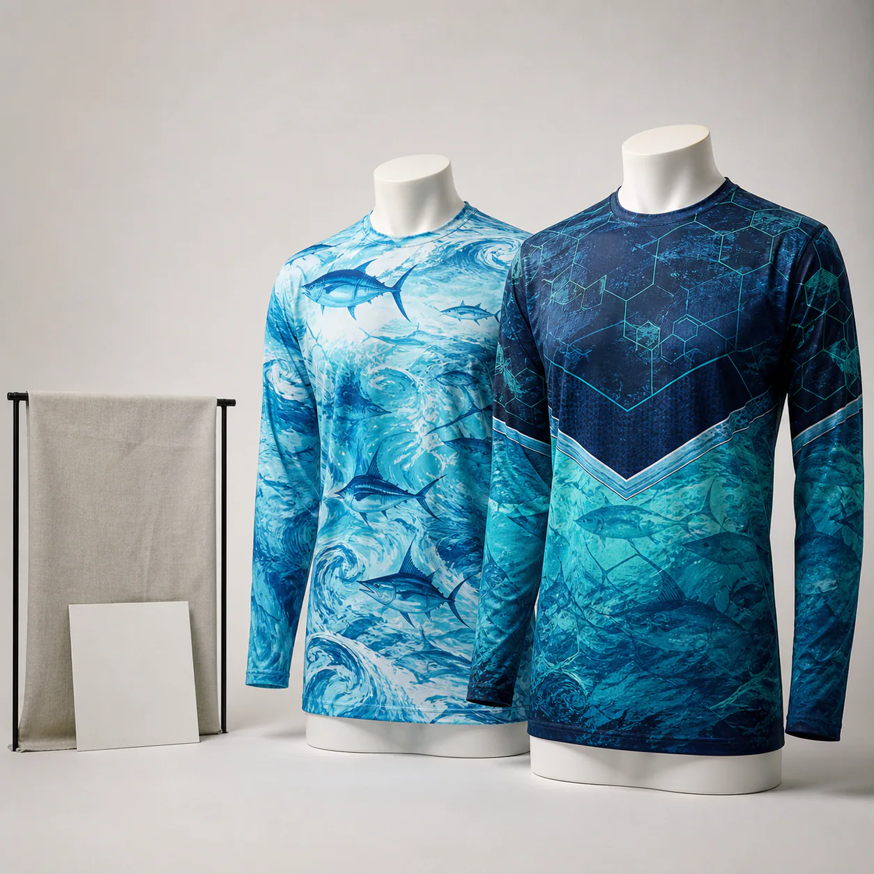 Unbranded fishing shirts demonstrating two original all-over sublimation print directions