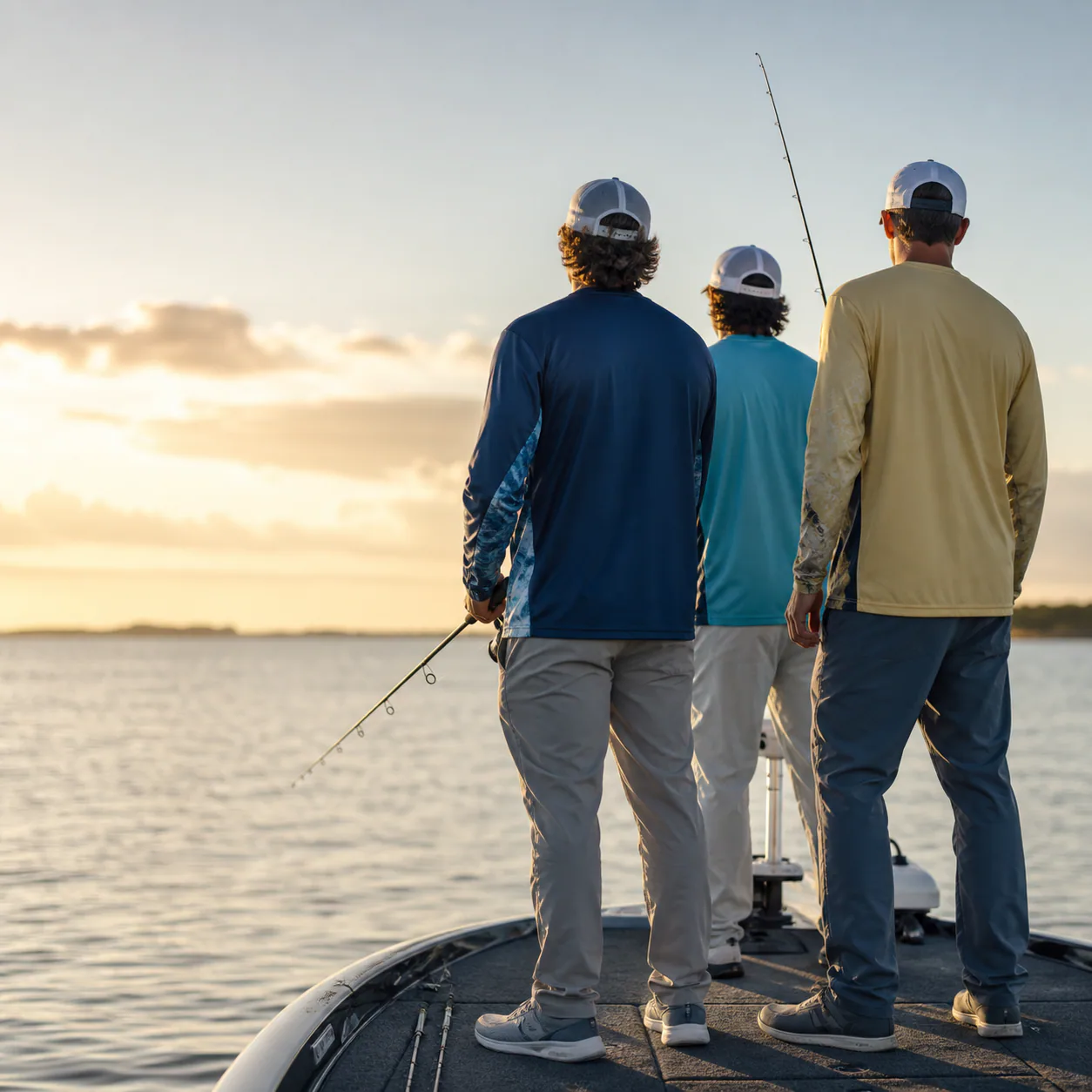 Anglers wearing coordinated unbranded fishing team shirts on a boat at dawn