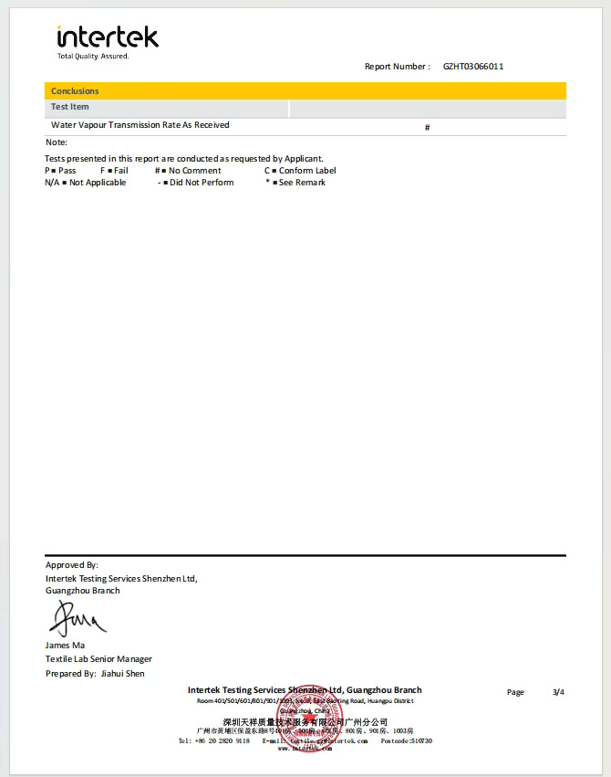 Water vapour transmission test report for breathable fishing fabric